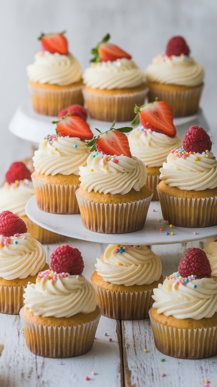 Fluffy vanilla cupcakes with buttercream frosting and sprinkles on a wooden table.